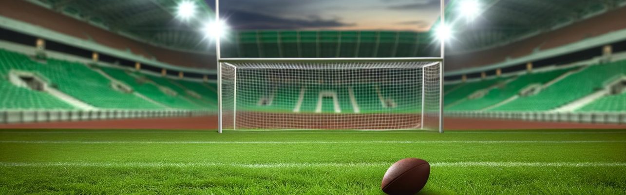 Un terrain de football vide au crépuscule avec des buts au premier plan et des lumières de stade allumées.
