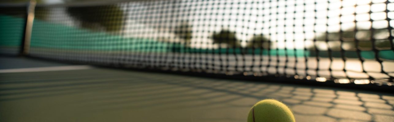 Un terrain de tennis en fin d'après-midi avec une balle au sol près du filet.