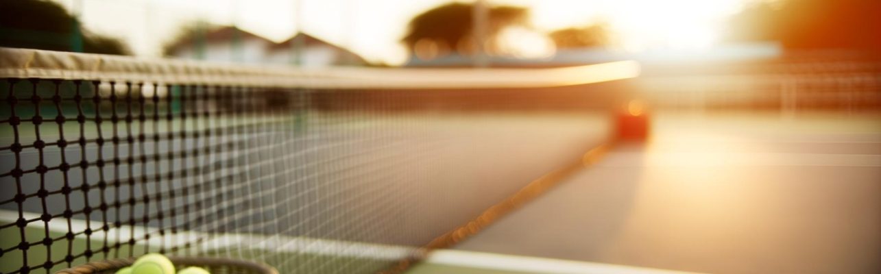 Un court de tennis au coucher du soleil avec une balle au premier plan et une raquette en arrière-plan.