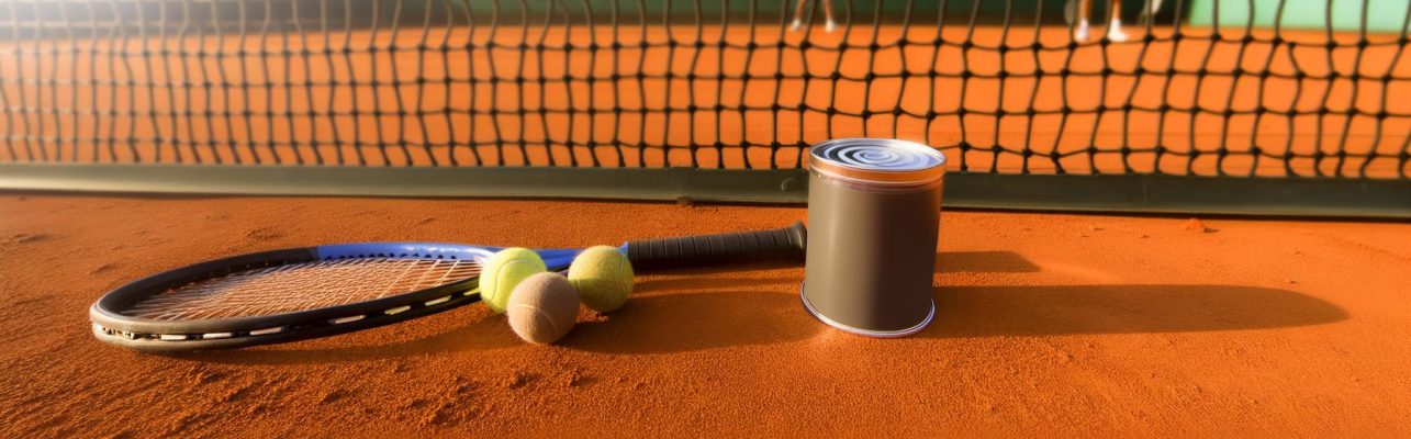 Vue laterale d'un terrain de tennis avec des raquettes et une boite de balles au sol.