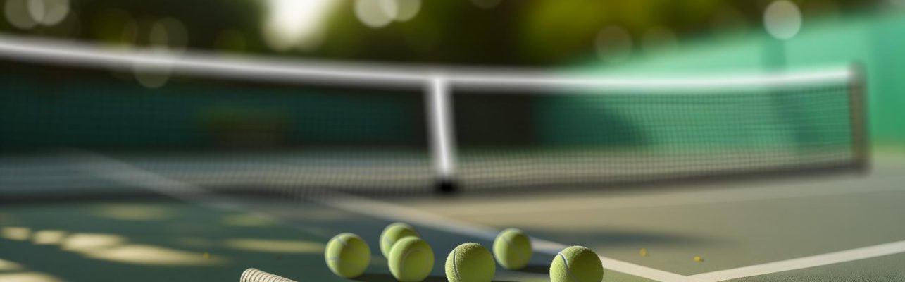 Photographie d'un terrain de tennis avec des raquettes et des balles au sol.