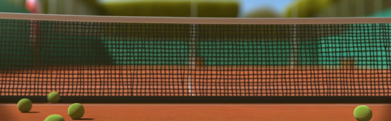 Un terrain de tennis avec des balles éparpillées sur la surface en terre battue sous le soleil, capturant le filet et une partie de la ligne de fond.