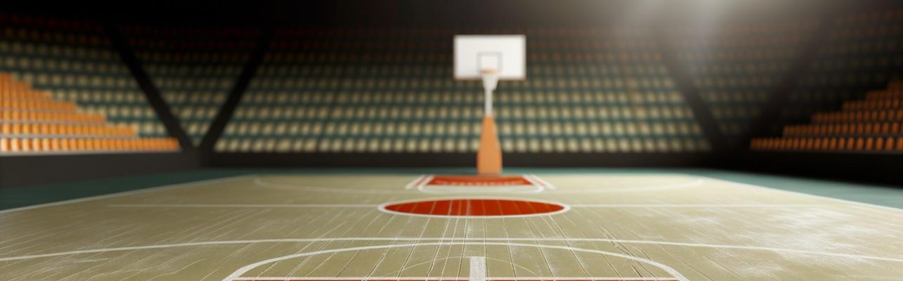 Photographie d'un terrain de basketball vide vu du milieu du terrain avec les paniers au loin.