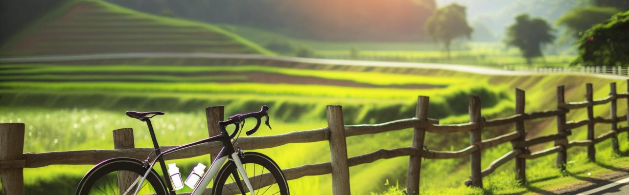 Vélo de route appuyé contre une barrière en bois le long d'un chemin rural entouré de verdure et de collines.