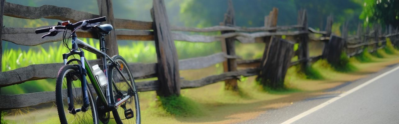 Un vélo garé contre une clôture en bois le long d'une route de campagne.