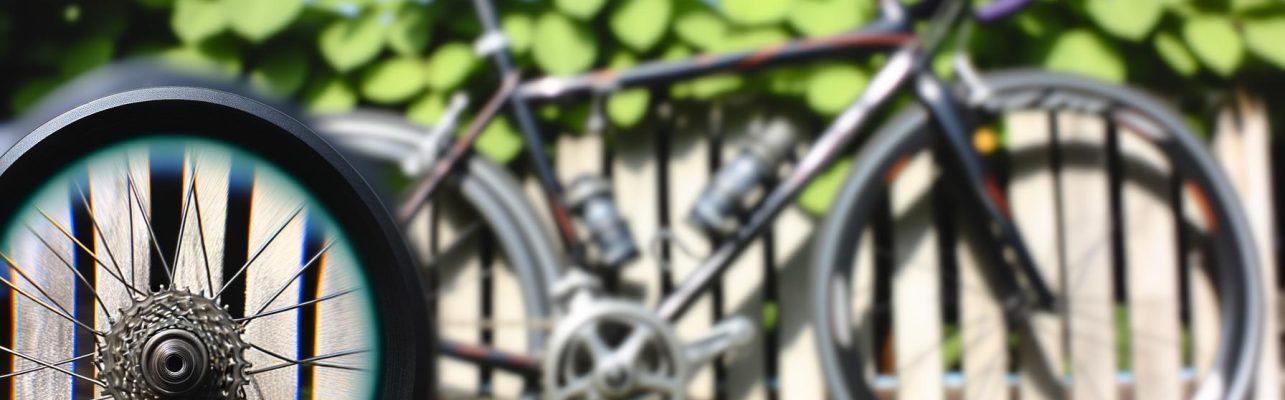 Un velo appuye contre une cloture en bois avec de la verdure et un ciel bleu en arriere-plan.