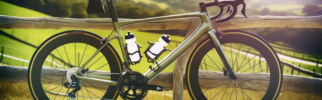 Velo de course moderne adosse a une barriere en bois sur une route de campagne ensoleillee.