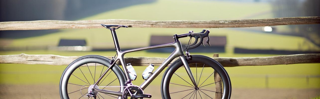 Un velo de course appuye contre une cloture en bois sur une route de campagne avec des collines et un ciel bleu en arriere-plan.