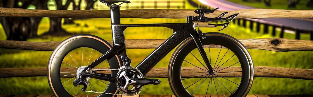 Un vélo de course moderne appuyé contre une barrière en bois avec un coucher de soleil en arrière-plan.
