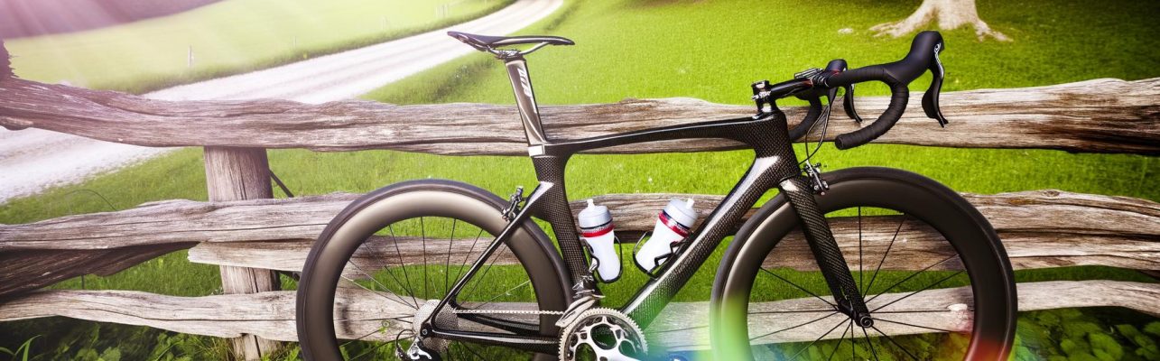 Un velo de course professionnel pose contre une cloture en bois avec un paysage de campagne en arriere-plan.