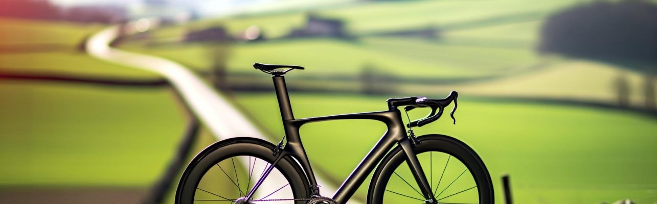 Un velo de course elegant repose contre une route de campagne avec des collines en arriere-plan.