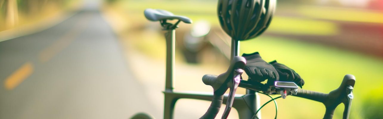 Un gros plan sur l’équipement d’un cycliste avec un velo de route aerodynamique, des gants et un casque sur fond de campagne flou.