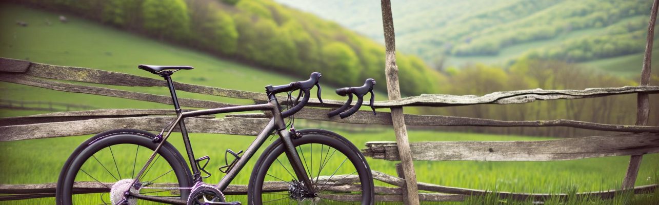 Un vélo de route appuyé contre une barrière en bois rustique sur un chemin à la campagne, avec des collines verdoyantes en arrière-plan.