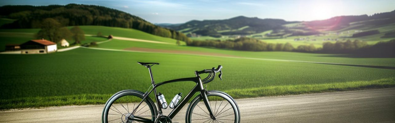 Un vélo de route est garé sur une route de campagne vide avec des collines en arrière-plan.