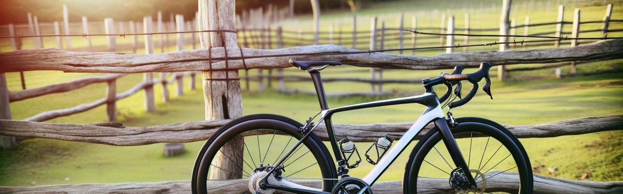 Un velo de route repose contre une cloture en bois dans un paysage de campagne au coucher du soleil.