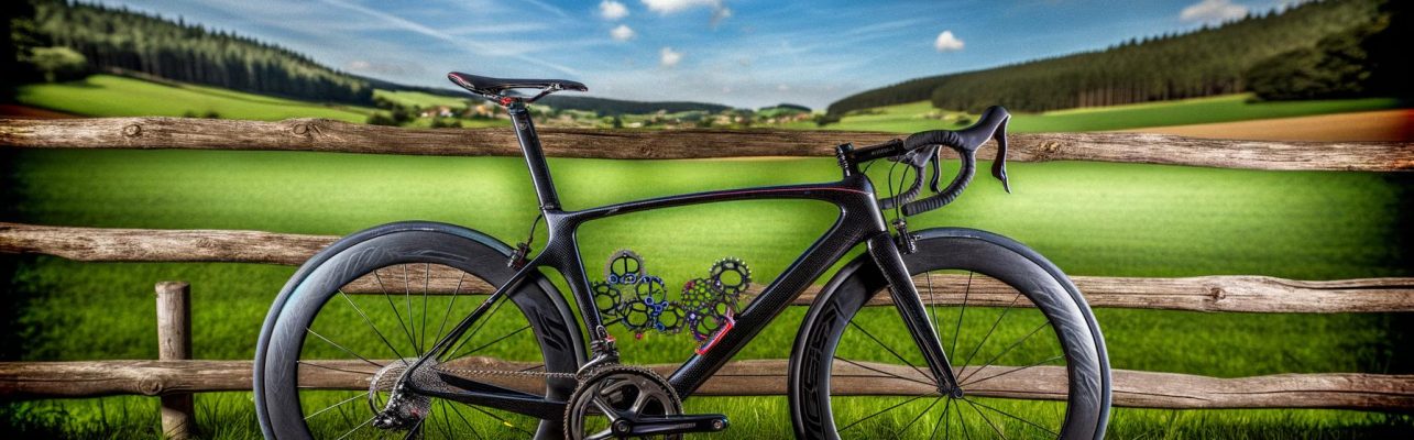 Un vélo de route appuyé contre une clôture en bois sur une route de campagne pittoresque.