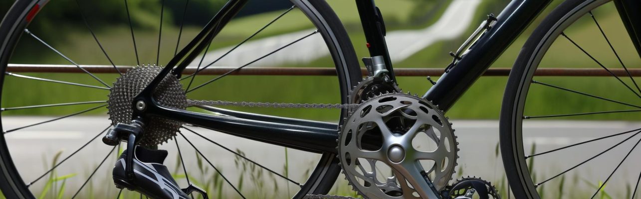 Un vélo de route appuyé contre une clôture métallique, avec une vue sur le système de vitesses et les pédales, et une route sinueuse à l'arrière-plan.