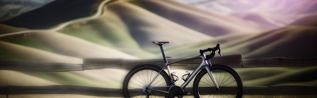 Un vélo de route appuyé contre une barrière en bois avec des collines et une route sinueuse en arrière-plan.