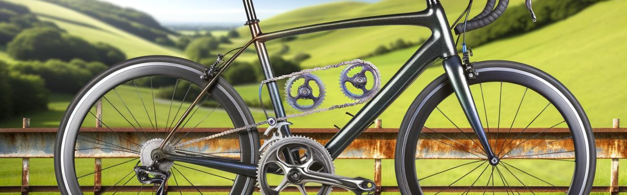 Un vélo de route moderne reposant contre une clôture en bois sur une route de campagne.