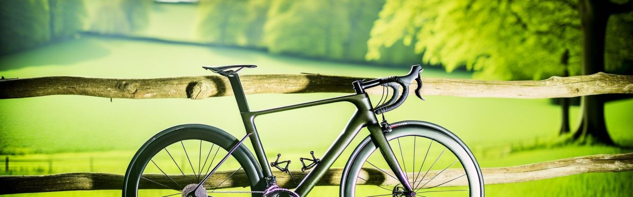 Un vélo de route moderne repose contre une clôture en bois dans une campagne verdoyante.