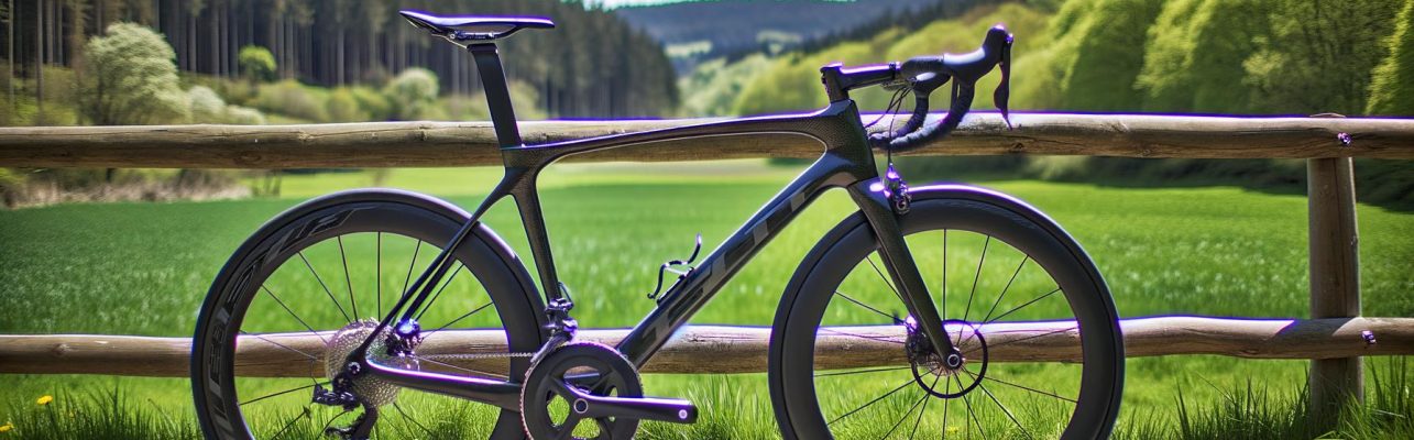 Un velo de route moderne repose contre une cloture en bois le long d'un sentier cyclable.