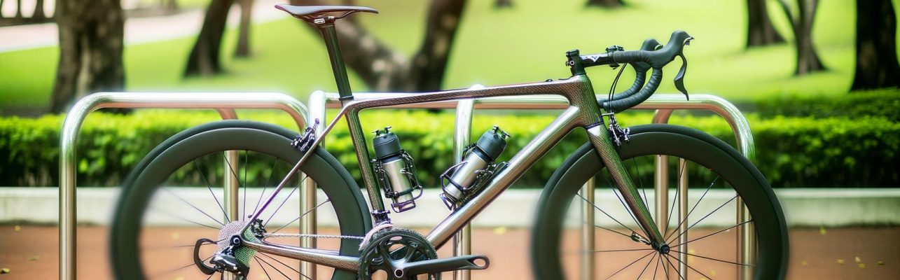Un velo de route pose contre un support metallique dans un parc paisible.