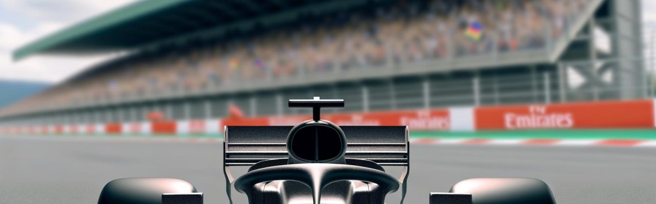 Vue rapprochée d'une voiture de course F1 sur la piste avec des tribunes en arrière-plan.
