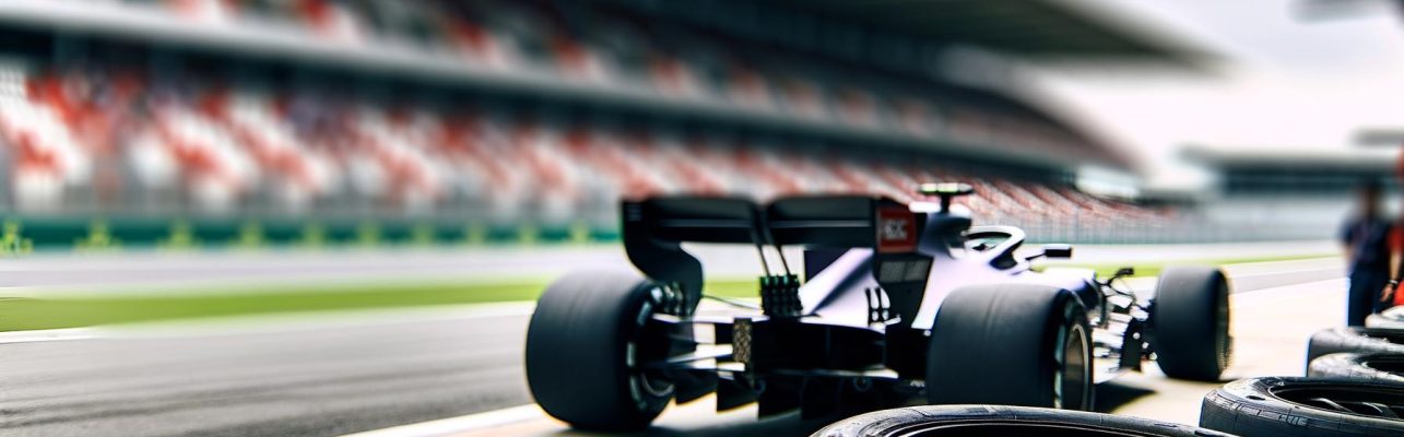 Une voiture de Formule 1 garee dans la ligne des stands avec des pneus de course empiles a proximite sur un circuit professionnel.