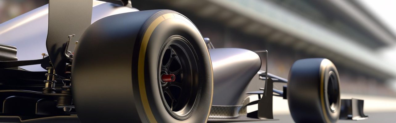 Une voiture de course de Formule 1 dans la voie des stands, mettant en valeur son design aerodynamique et ses pneus elegants.