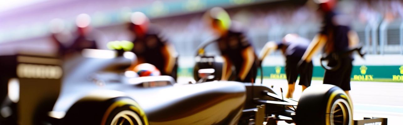 Voiture de Formule 1 sur une piste pendant un arrêt au stand, avec des détails sur les roues et la carrosserie.