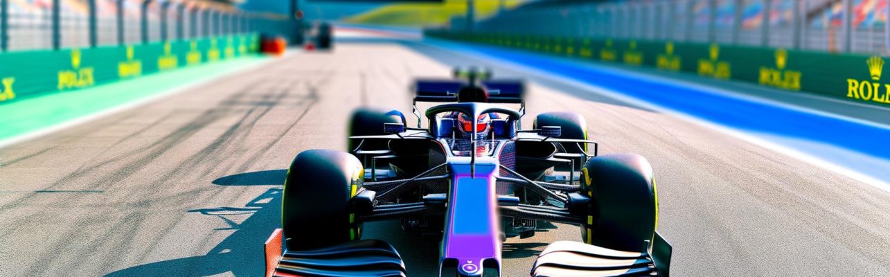 Voiture de Formule 1 sur une piste avec des details aerodynamiques visibles.