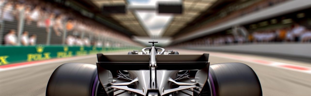 Voiture de Formule 1 sur un circuit avec des spectateurs en arrière-plan.