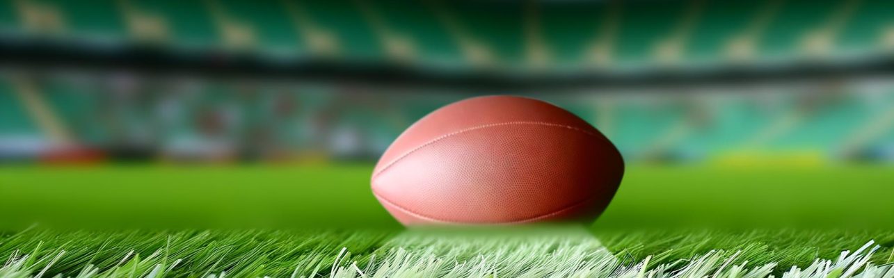 Un ballon de football repose sur un terrain en herbe verte fraichement coupe avec des lignes blanches visibles en arriere plan.